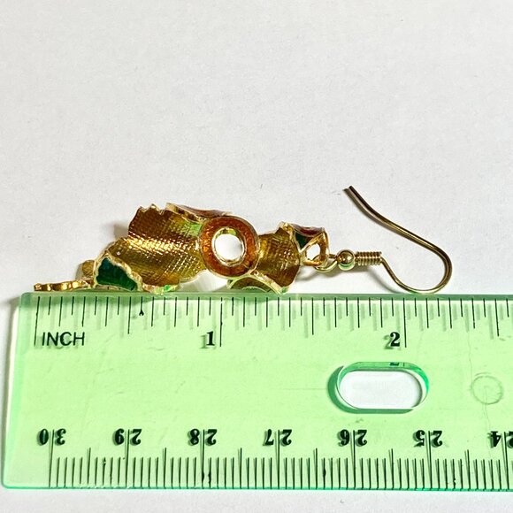 Vintage Cloisonne Hibiscus Flower Earrings Hawaiian Red Floral Enamel Gold Tone - Picture 10 of 11